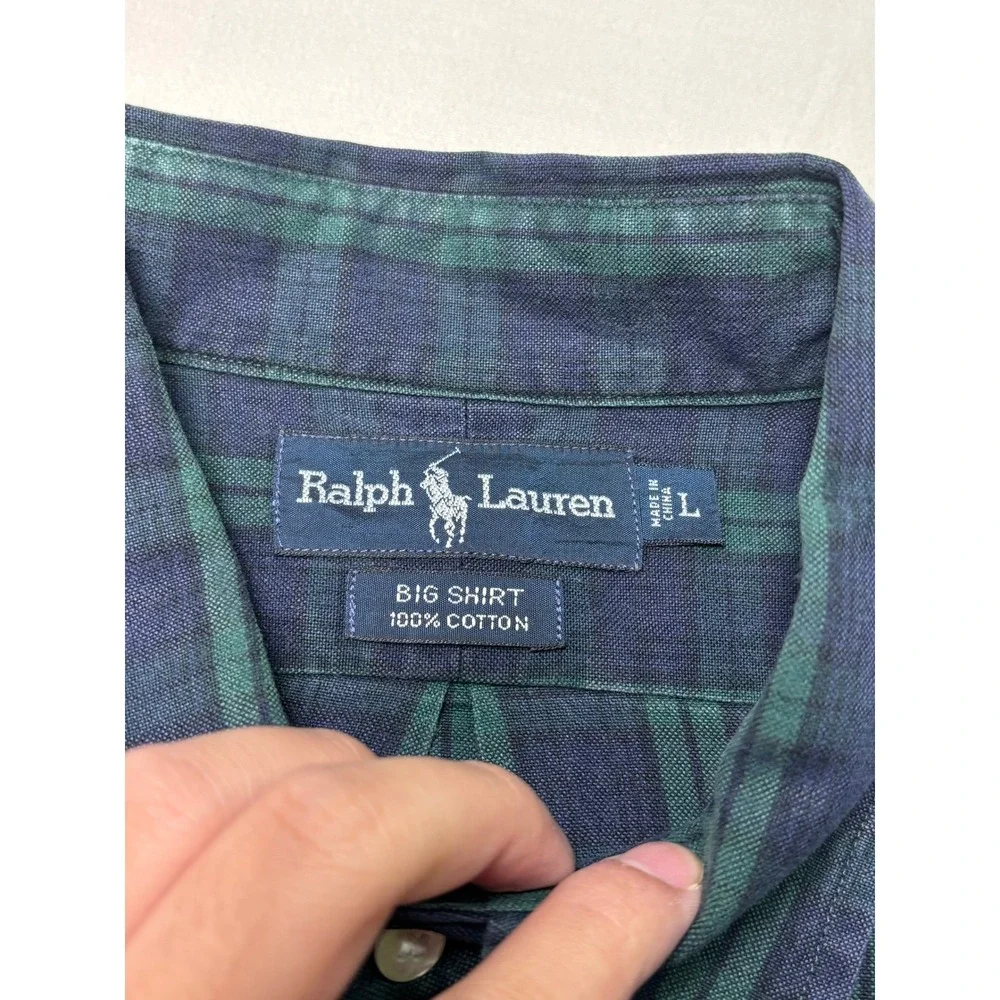 Ralph Lauren Big Shirt Mens Large Green Navy Blue Plaid Cotton Button Down Logo